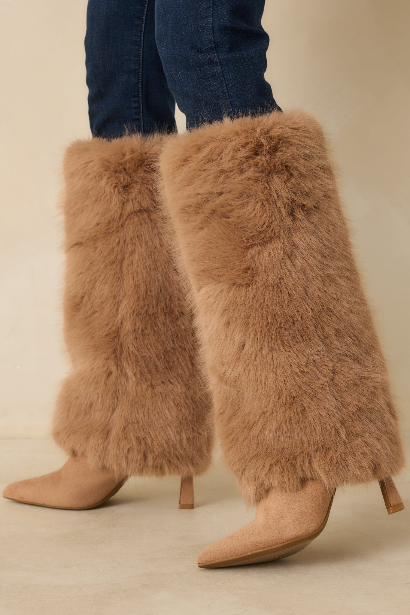 Fine Point Tan Faux Fur and Suede Pointed Toe Stiletto Boots