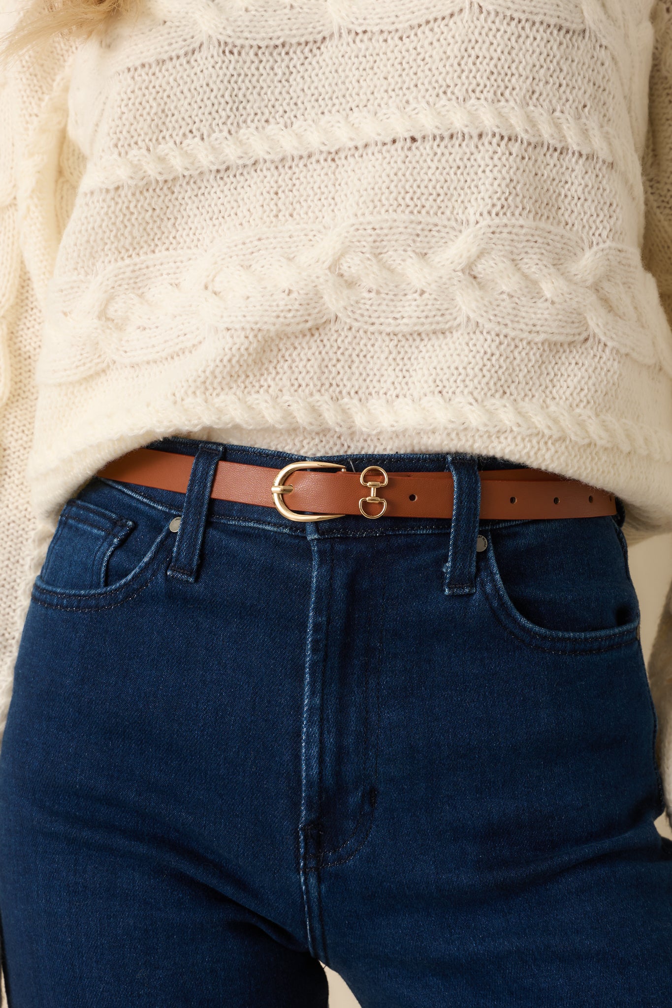 Here All Along Cognac Brown Faux Leather Horseshoe Buckle Belt