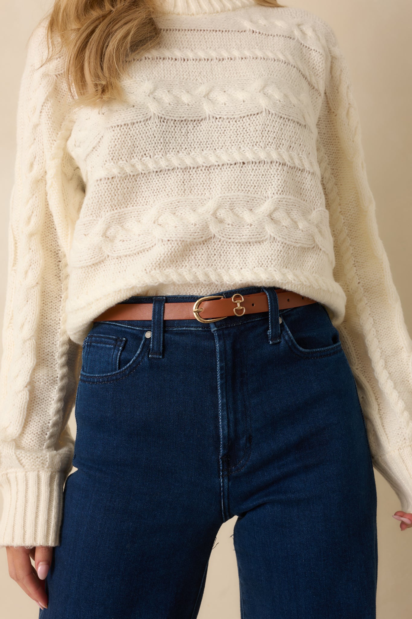 Here All Along Cognac Brown Faux Leather Horseshoe Buckle Belt