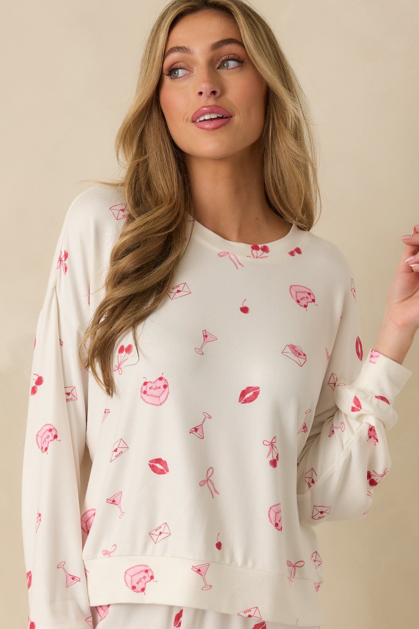 Cropped view highlighting the relaxed fit and allover print pattern.