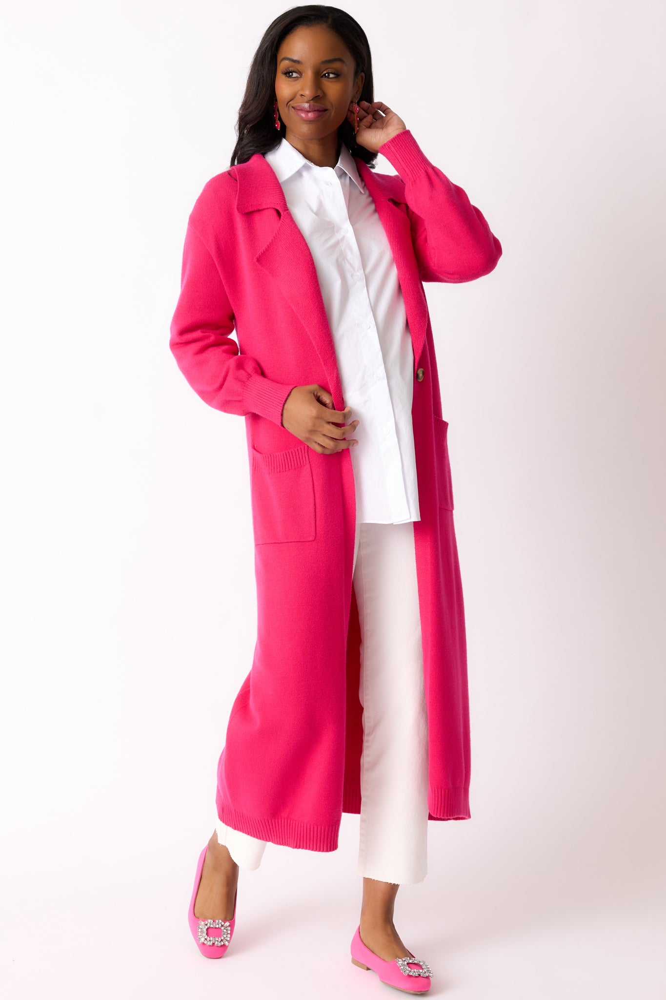 Ladies Cardigan Longline Button Up Cardigan Hot Pink Longline