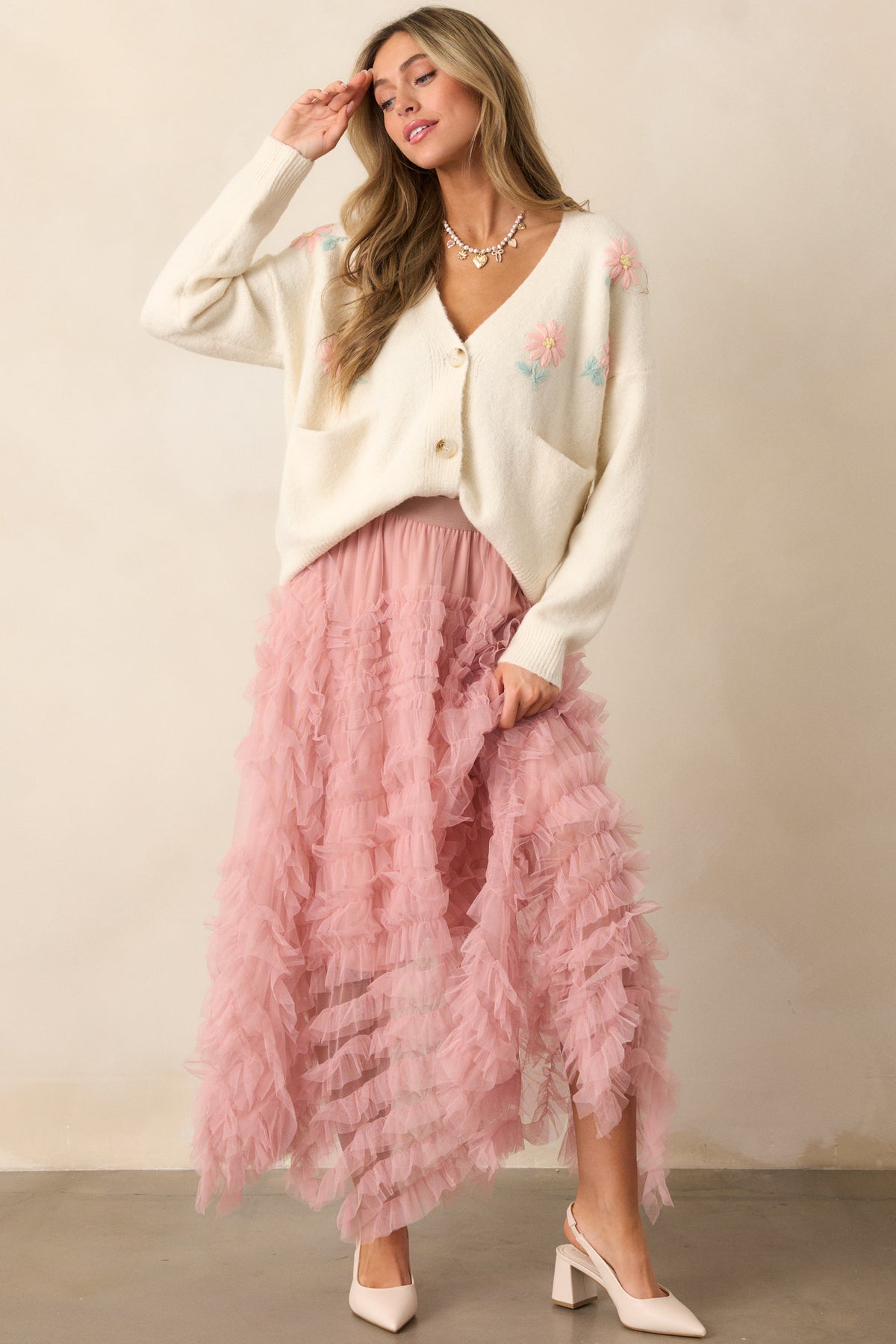 Rose Tulle Romantic Flared Midi Skirt