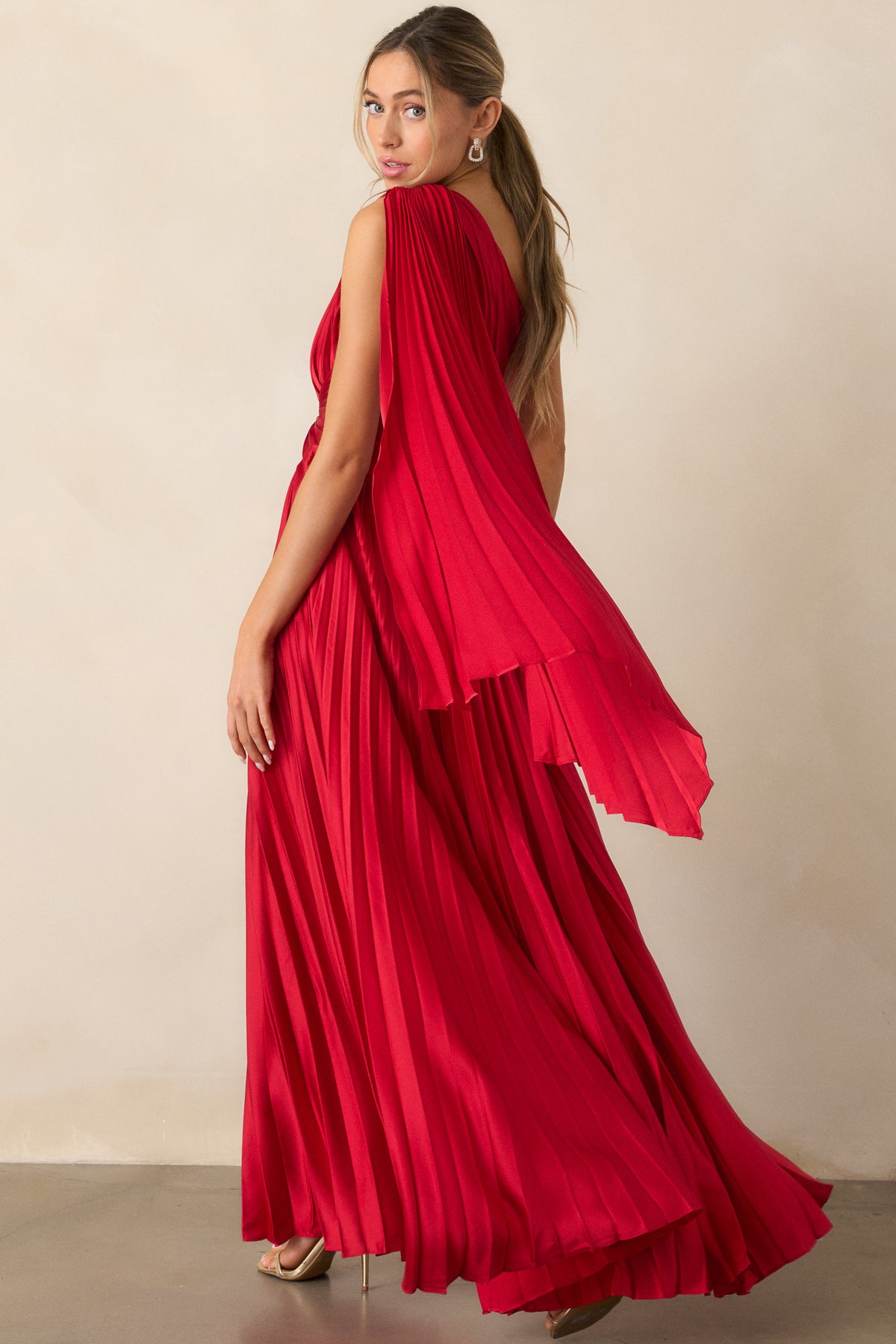Red One Shoulder Pleated Maxi Dress