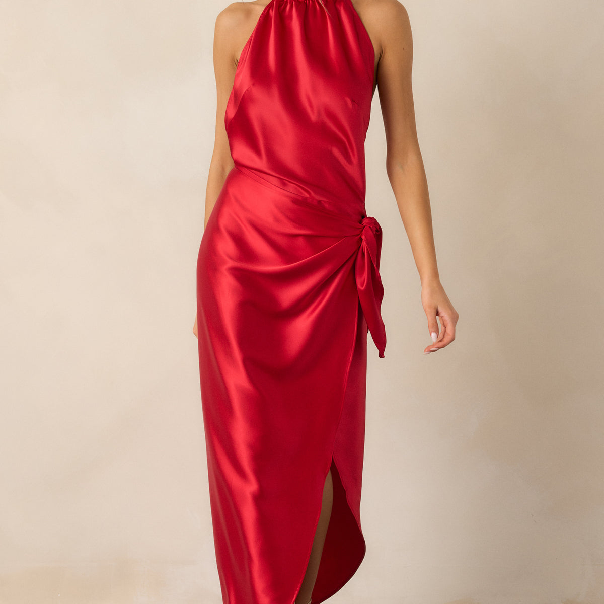 Red Satin Halter Neck Maxi Dress - All Dresses