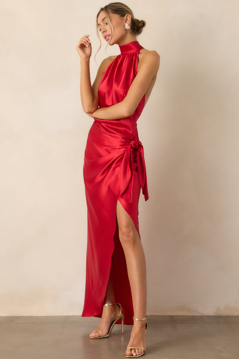 Red Matte Satin Halter Sheath Long Formal Dress main image 1