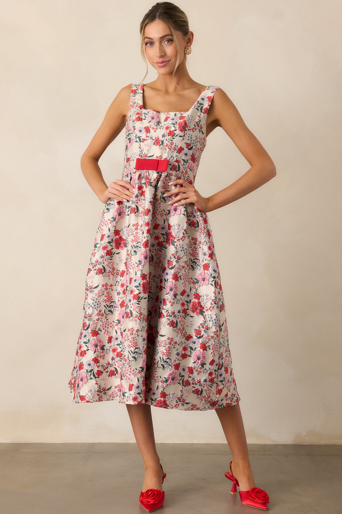 Red Floral Midi Dress