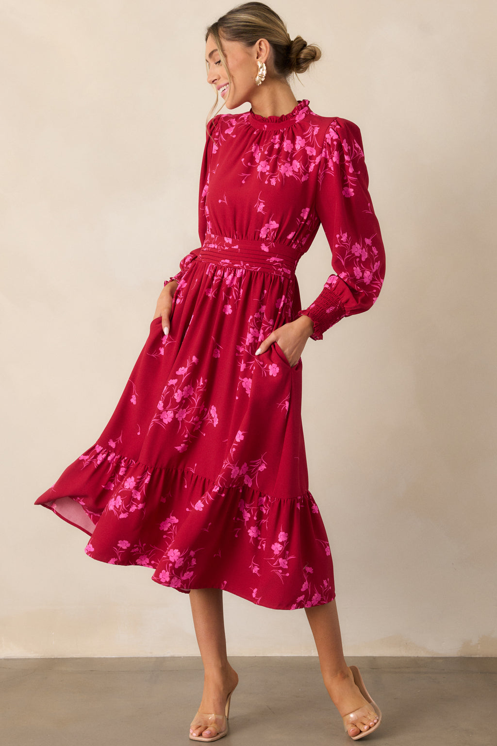 Cherry Pink Floral Long Sleeve Midi Dress - All Dresses | Red Dress Cherry Pink Floral Long Sleeve Midi Dress - All Dresses | Red Dress