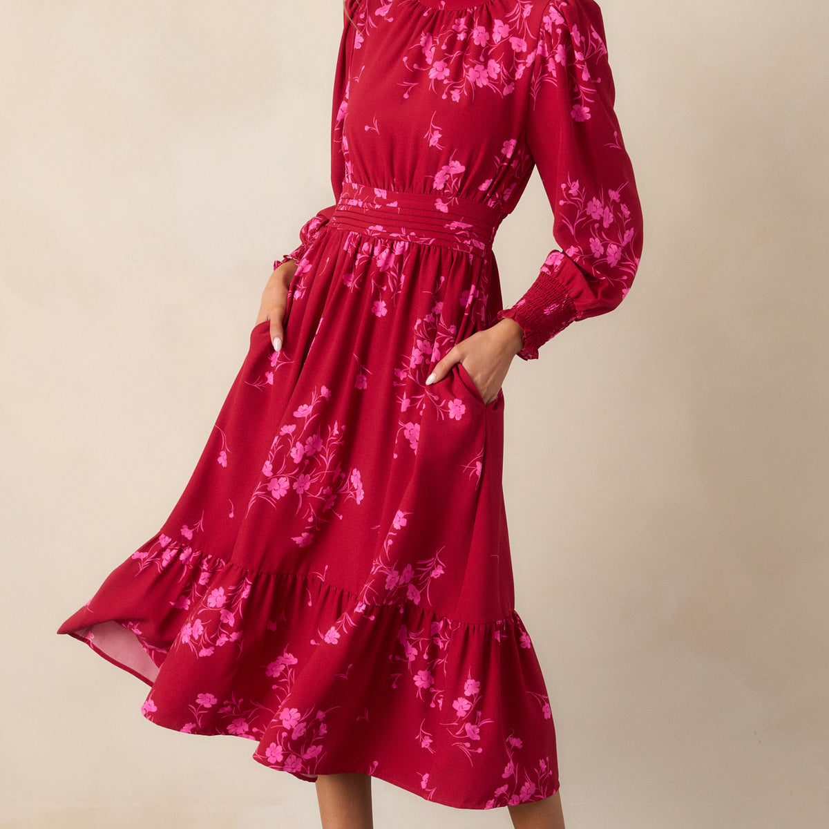 chinese dress ladies Cherry Pink Floral Long Sleeve Midi Dress - All Dresses