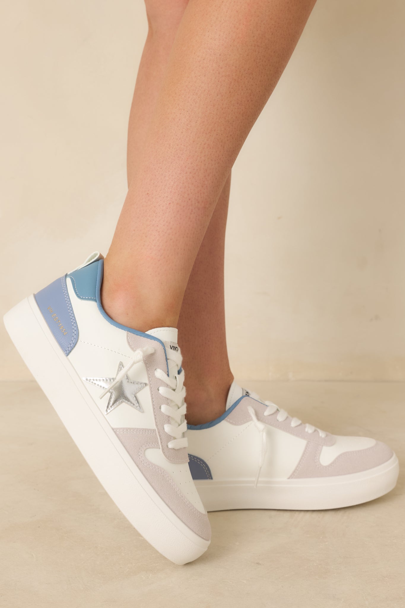 Cropped view emphasizing the smooth white faux leather and soft blue suede accents.