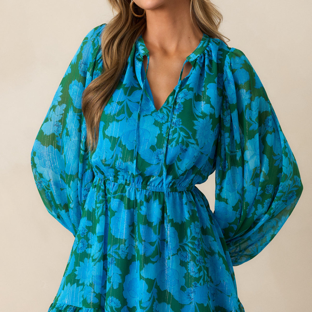 Blue Floral Long Sleeve Mini Dress- All Dresses | Red Dress