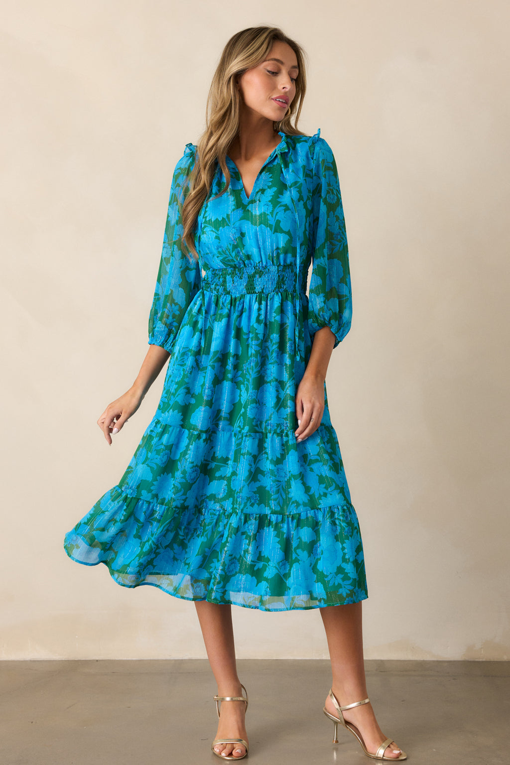 Blue Floral Long Sleeve Midi Dress - All Dresses