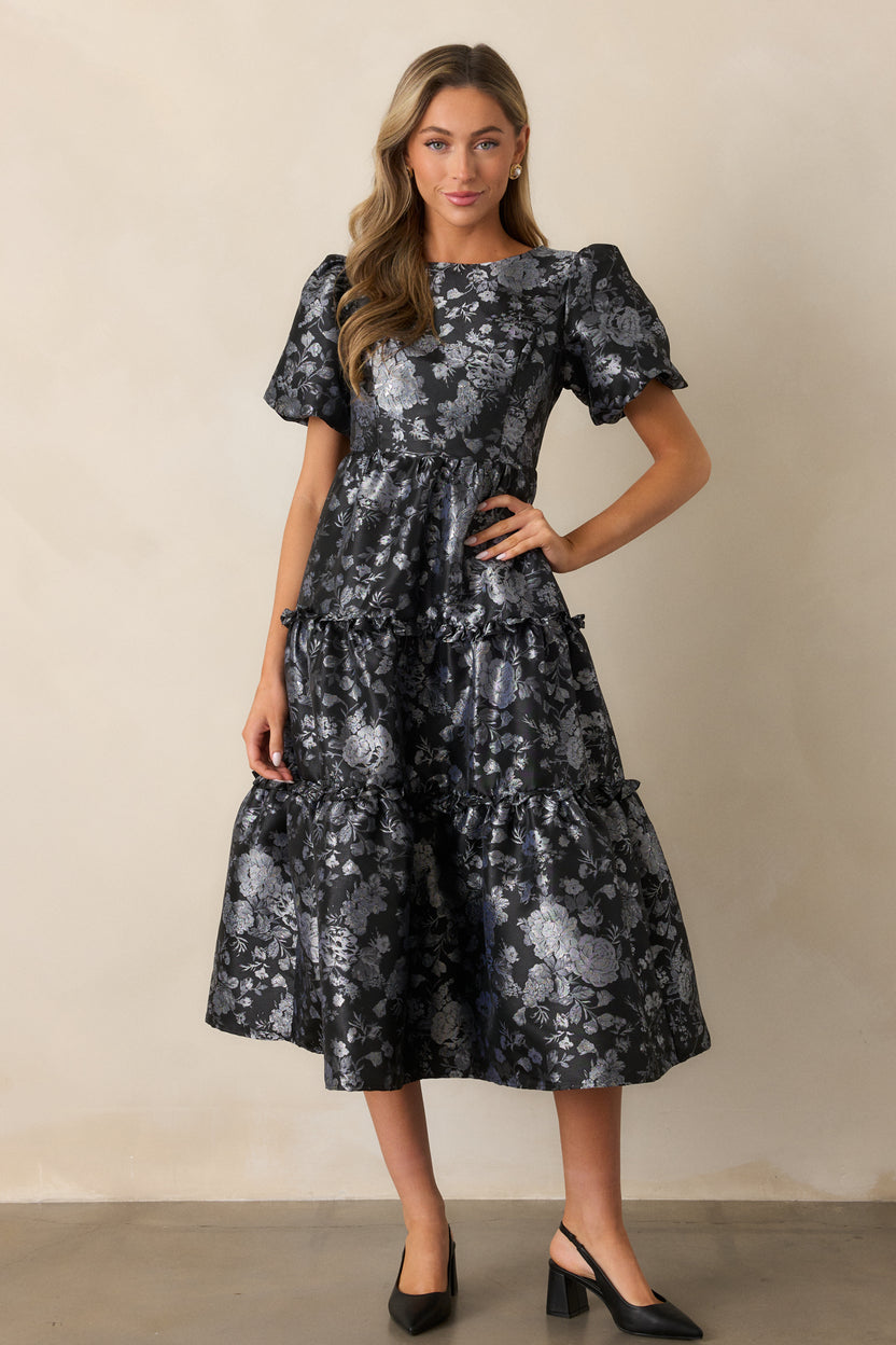 High-end Jacquard Black Dress with Belt