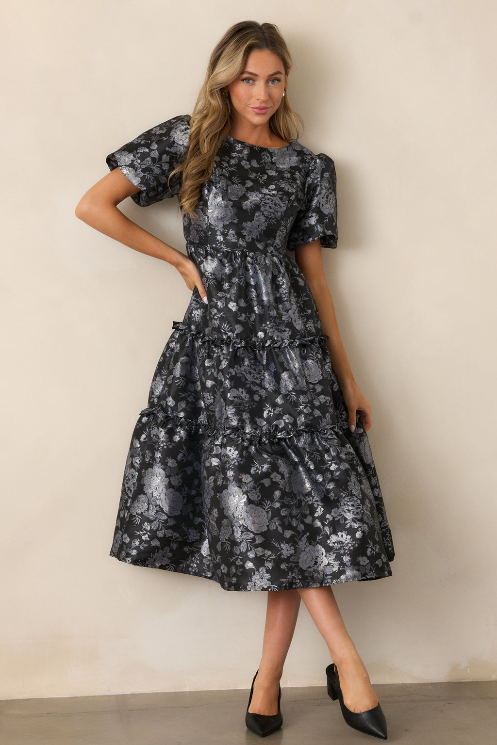 maison amory maiden short sleeve jacquard midi dress Black Floral Jacquard Midi Dress - Short Sleeve Dresses