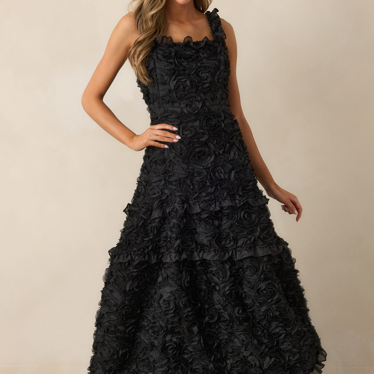 blue dress for baby girl Black Floral Applique Maxi Dress - All Dresses
