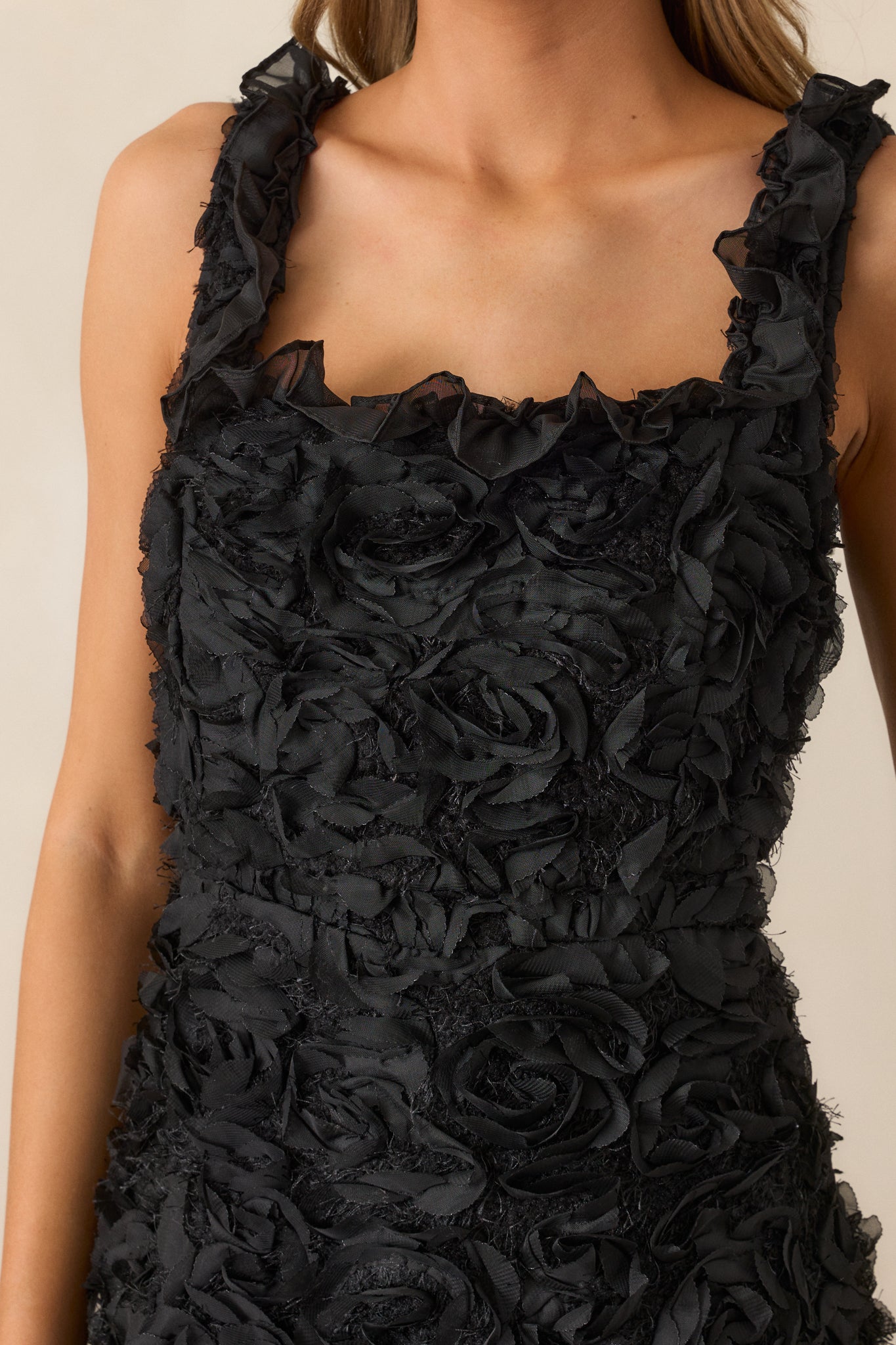 Black Floral Applique Midi Dress