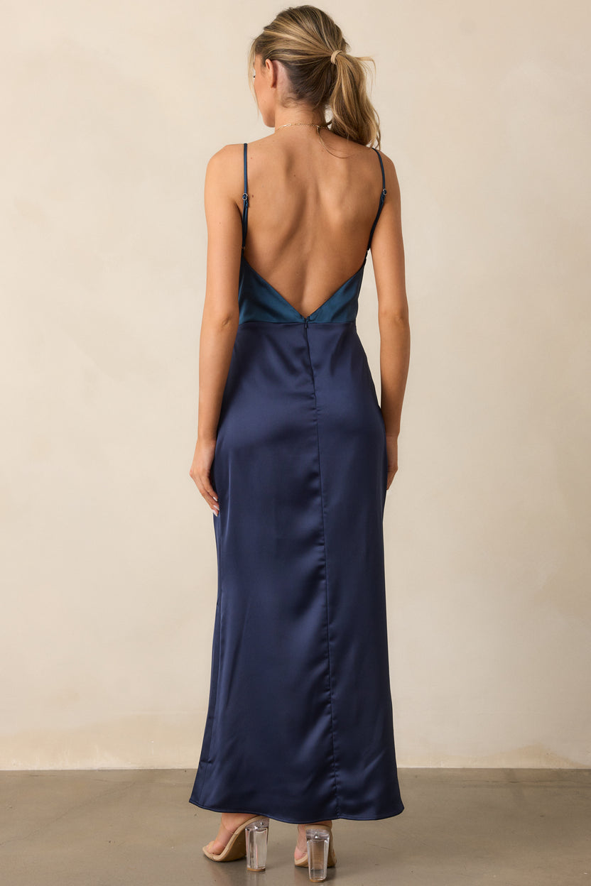 Midnight Blue Draped Satin Maxi Dress With Ruffle Details main image 1