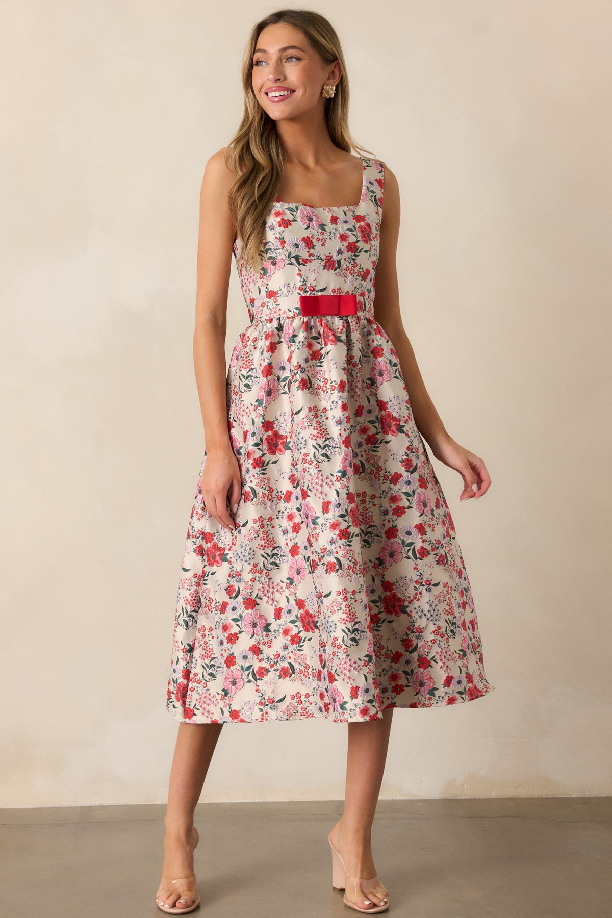 Red Floral Midi Dress