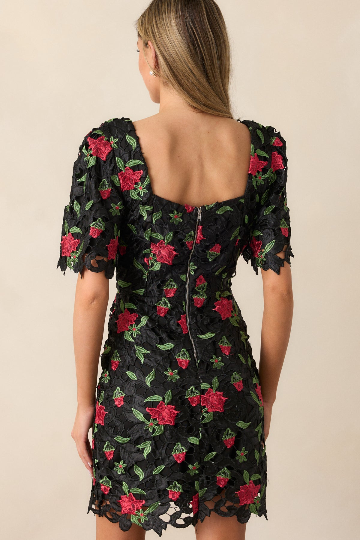 Black Lace Embroidered Mini Dress