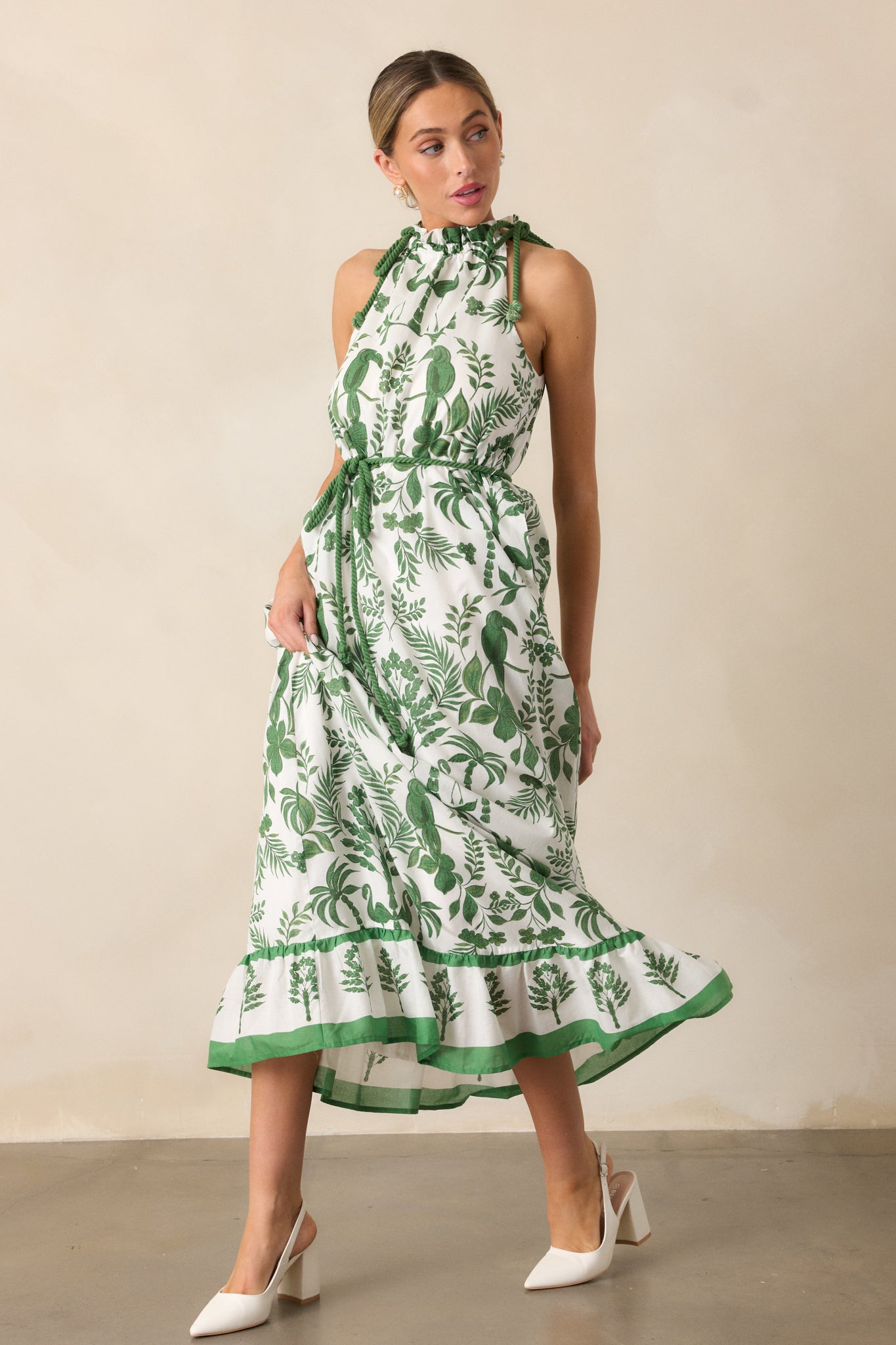 Helia Midi Dress In Green Tropical Print Cotton