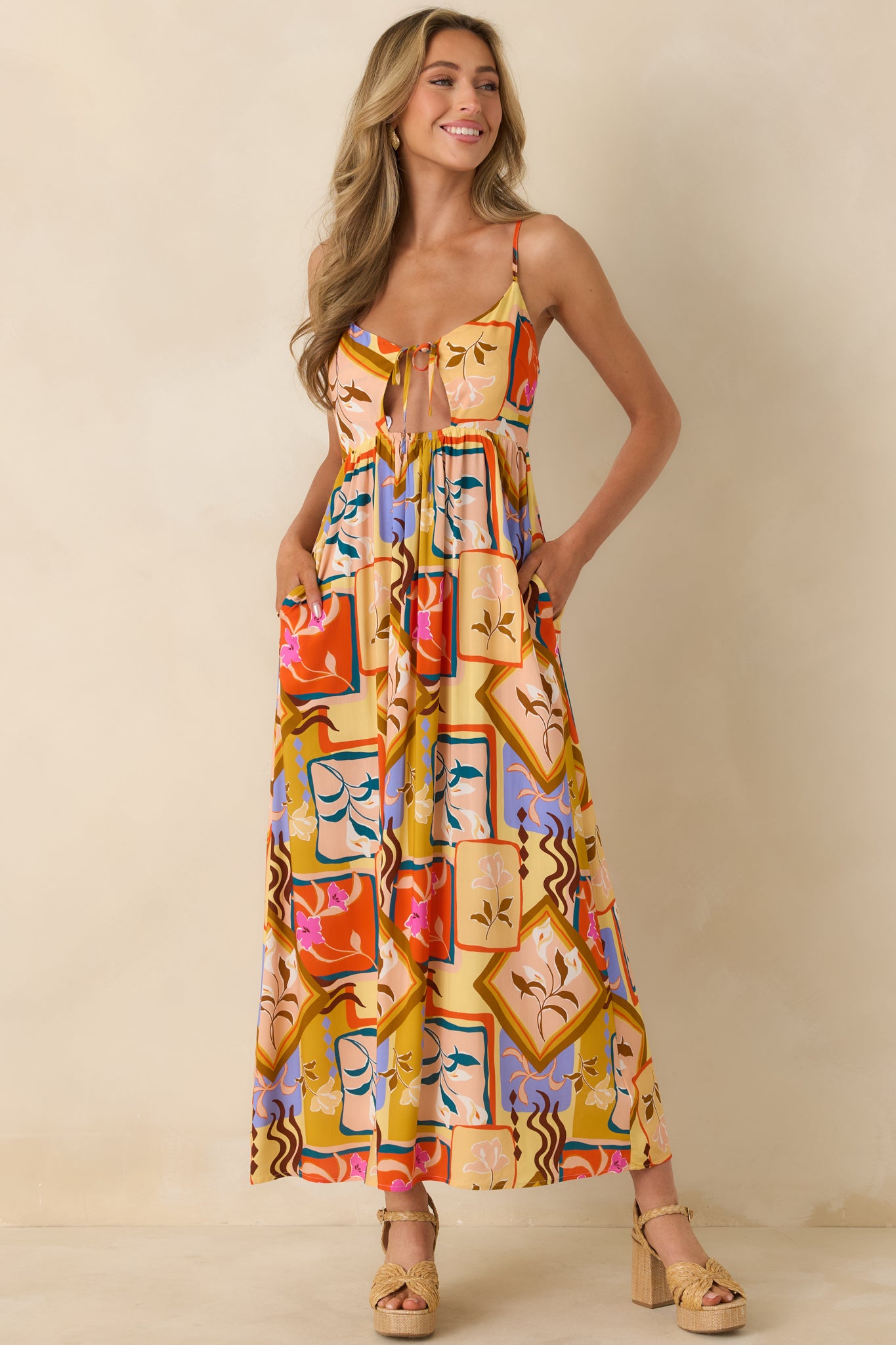MINKPINK Rosin Yellow Multi Bold Scarf Print Cut Out Midi Dress