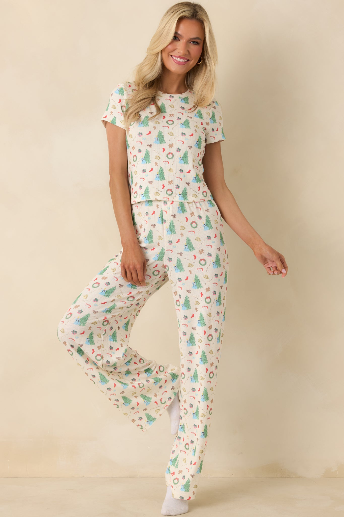 Holiday Morning Ivory Multi Christmas Print Short Sleeve Pajama Top