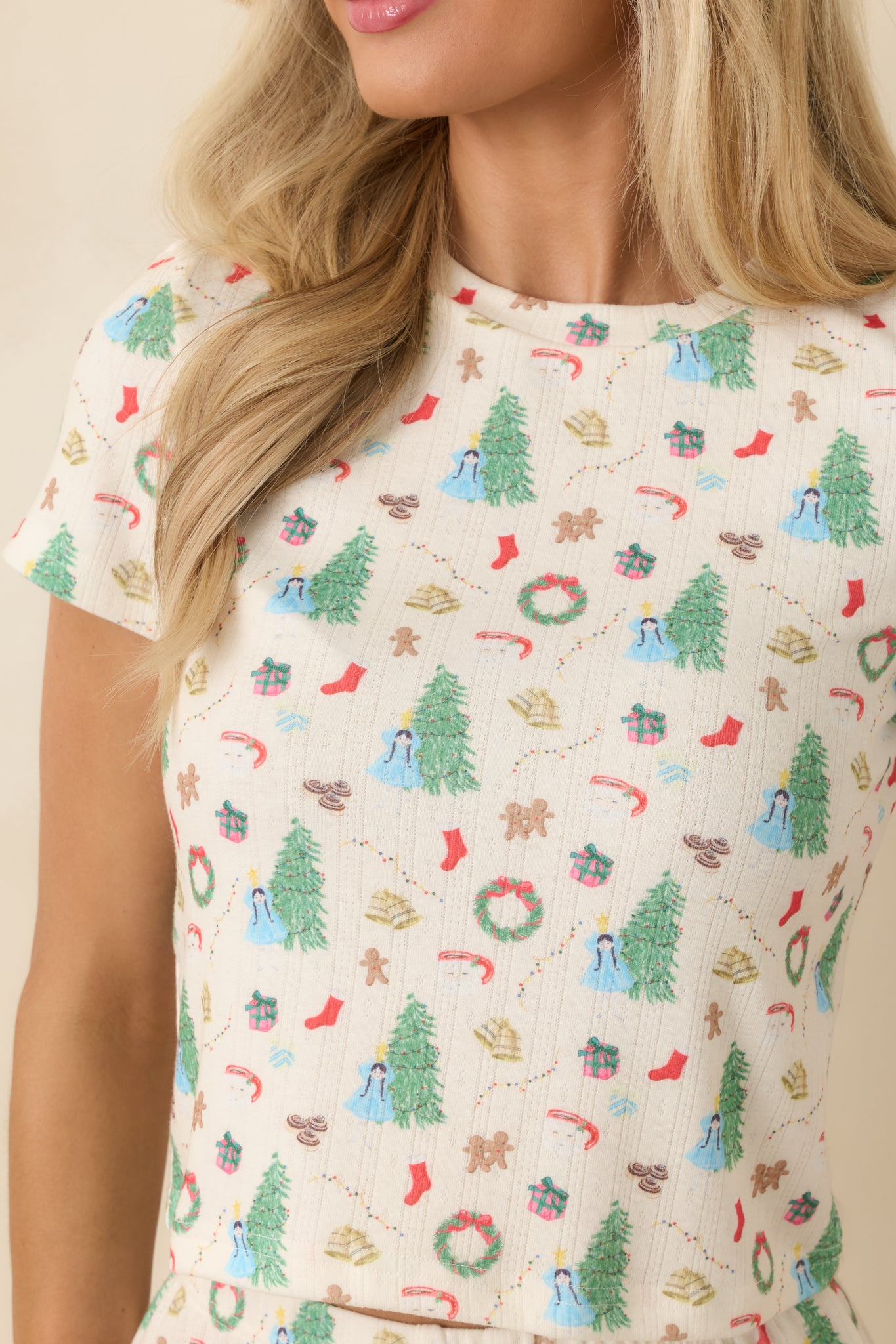 Holiday Morning Ivory Multi Christmas Print Short Sleeve Pajama Top