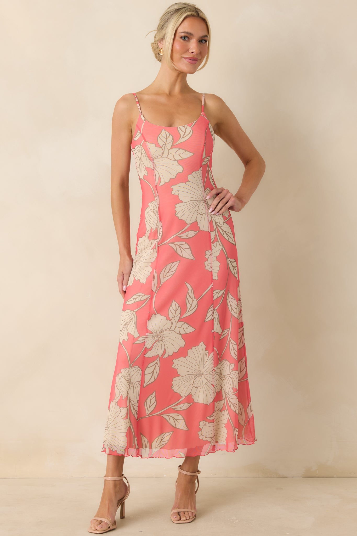 mesh lined dress Z Supply Pink Coral Charisma Bloom Mesh Midi Dress