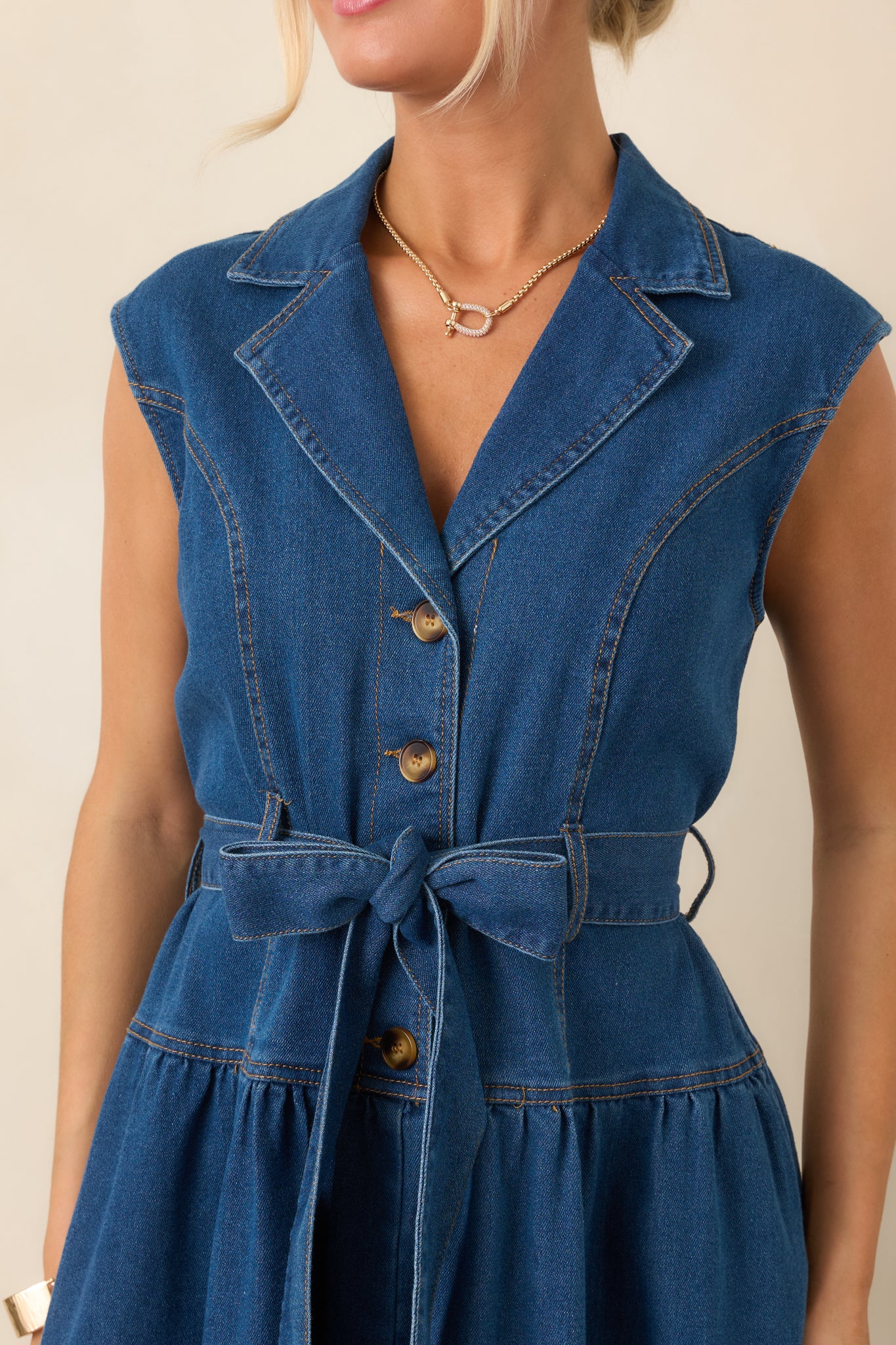 I'm All In Dark Wash Denim Tie-Belt Midi Dress