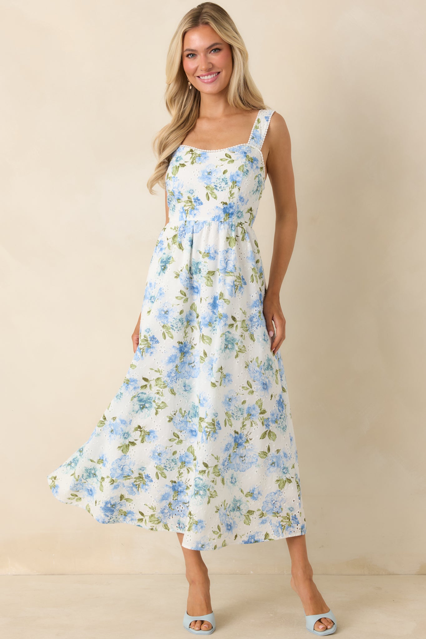 Blue and white eyelet midi dress with adjustable straps and delicate picot trim detailing.