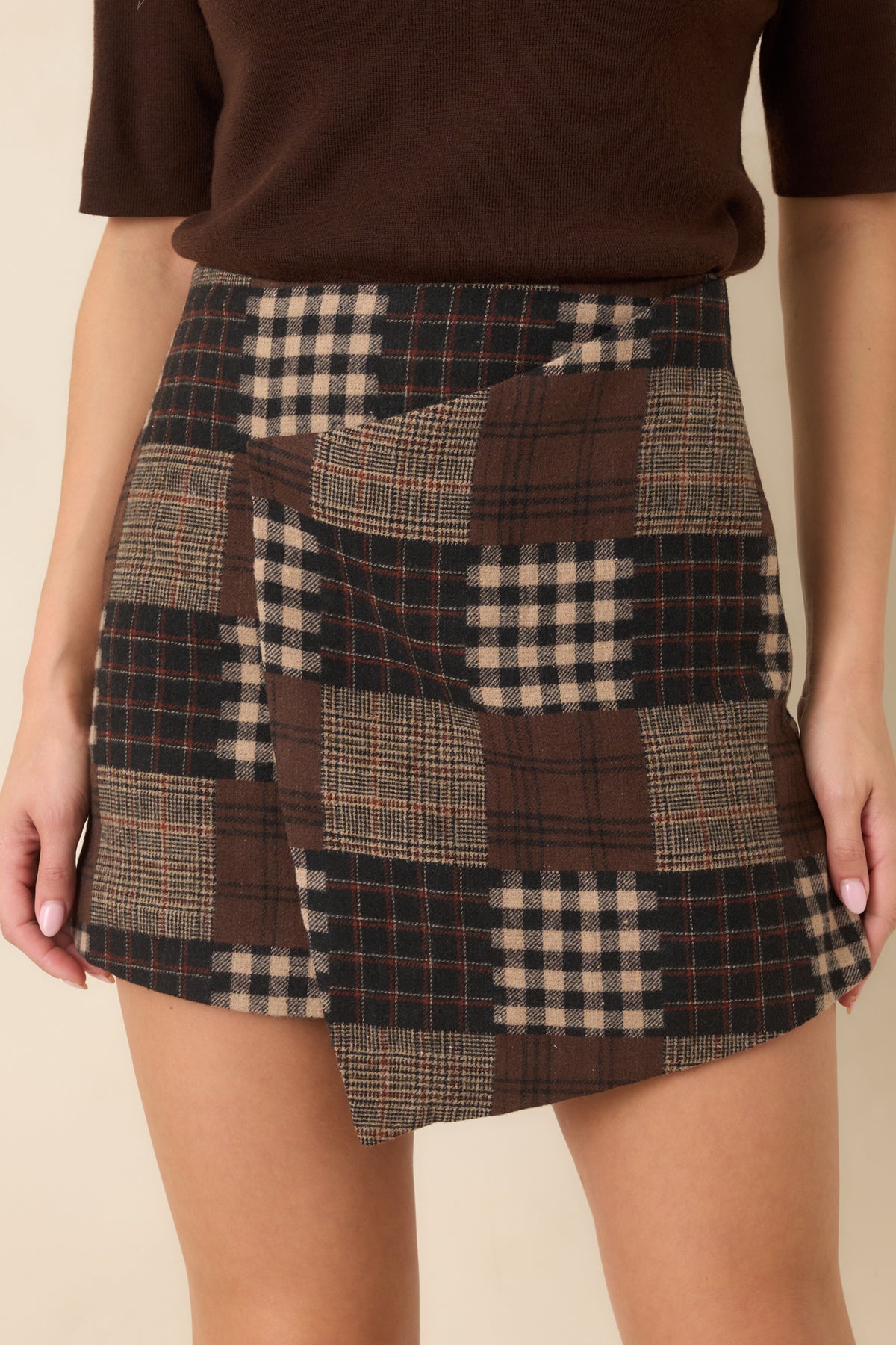 Putting It Together Brown Multi Patchwork Plaid Mini Skirt