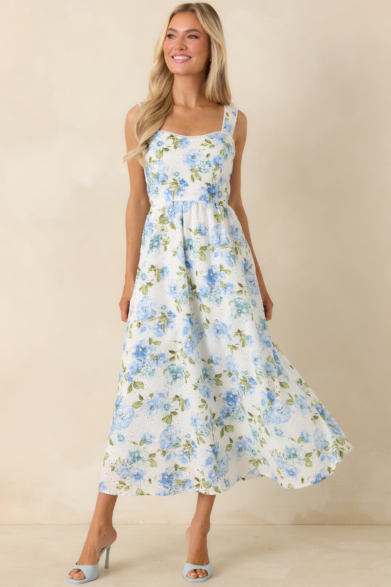 blue and white floral midi dress Women's Timelessly True Blue & White Floral Eyelet Cotton Midi Dress | Size: L
