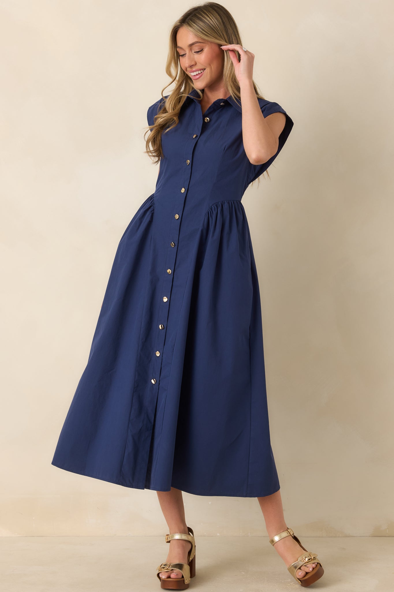 Women's The Good Life Navy Cotton Button Front Midi Dress | Size: S | Red Dress Women's The Good Life Navy Cotton Button Front Midi Dress | Size: S | Red Dress