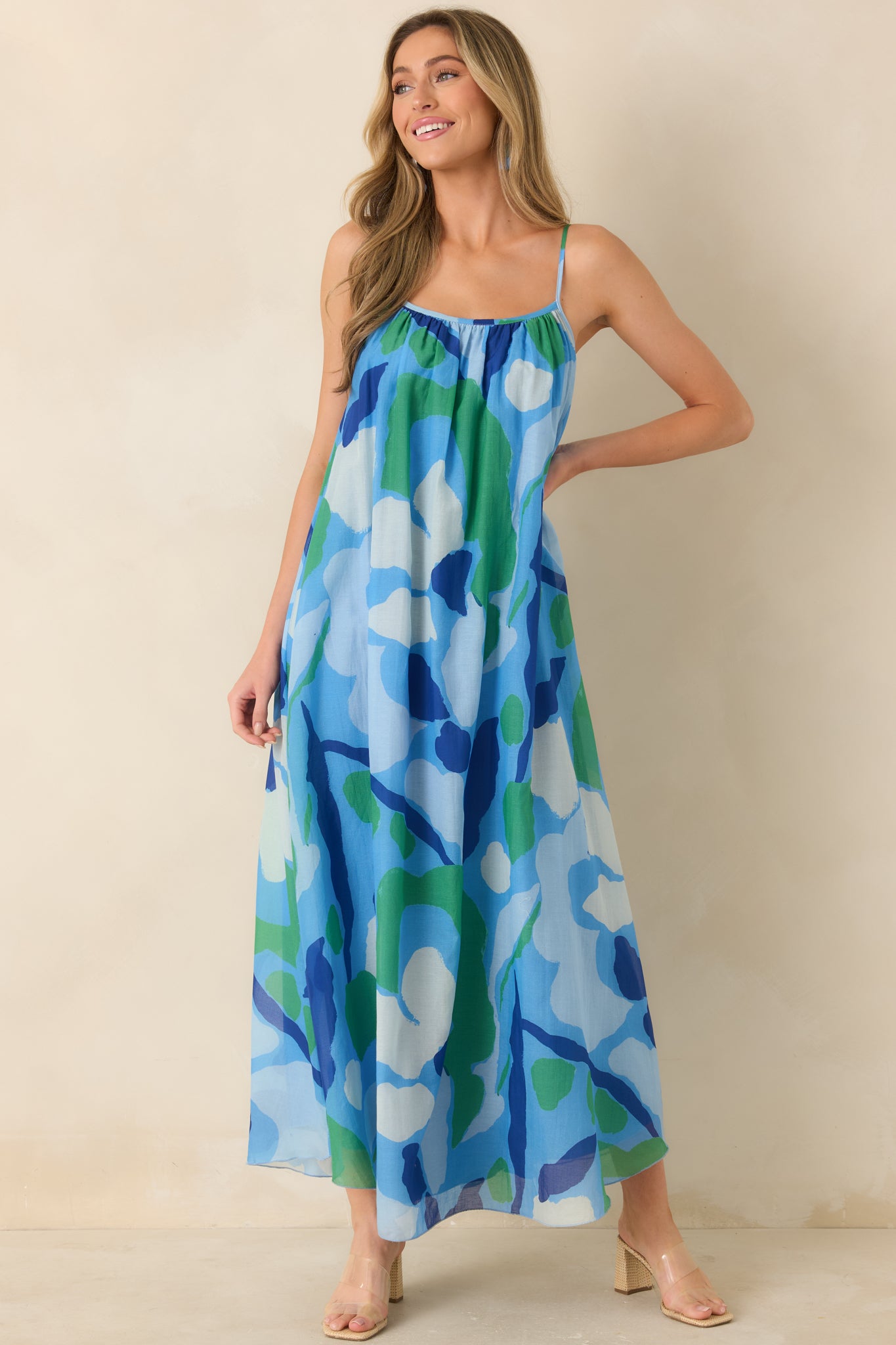 Women's Andaman Blue Multi Floral Cotton Silk Sleeveless Maxi Dress | Size: M
