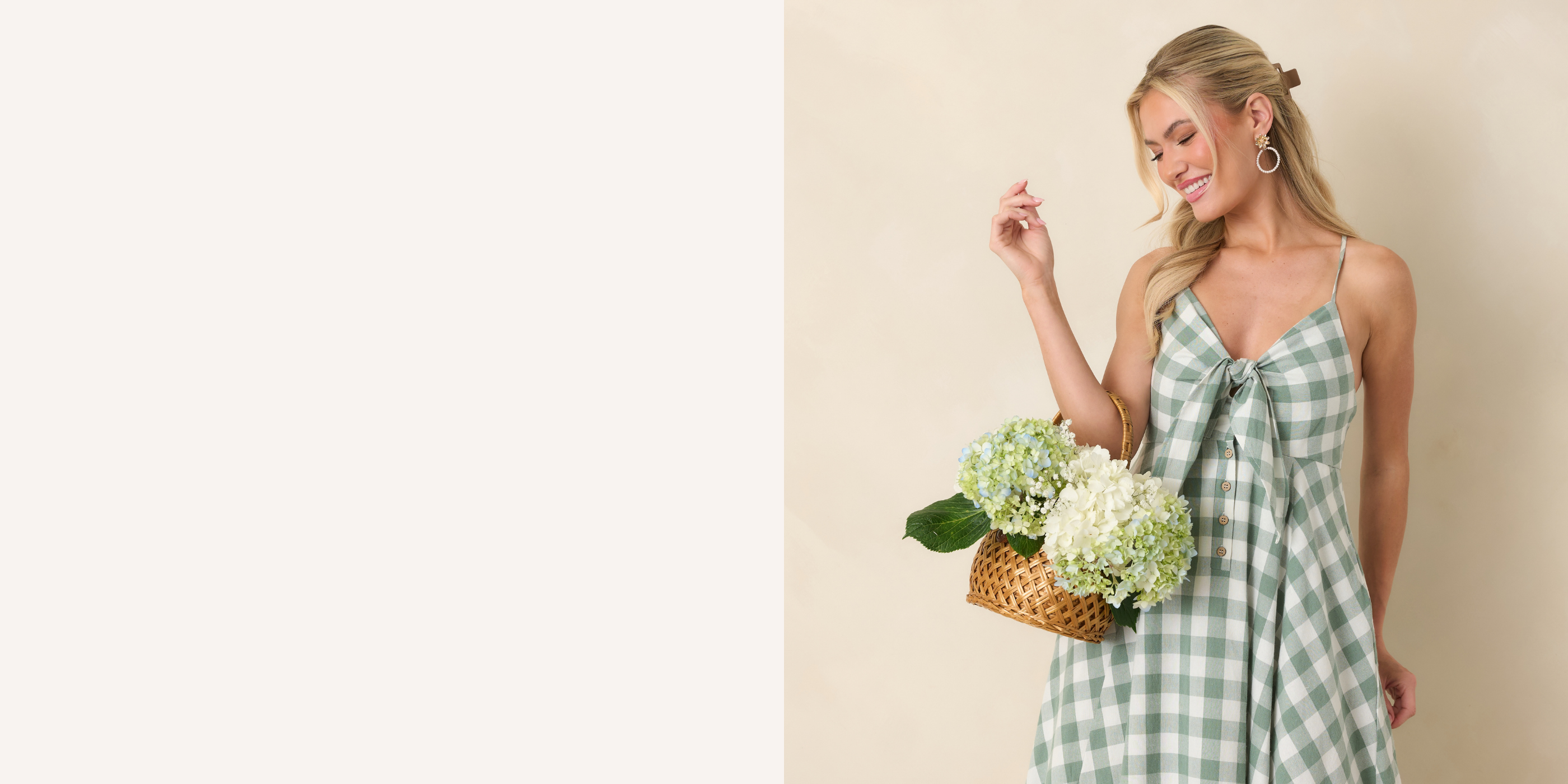 Woman holding a basket of flowers against a beige background