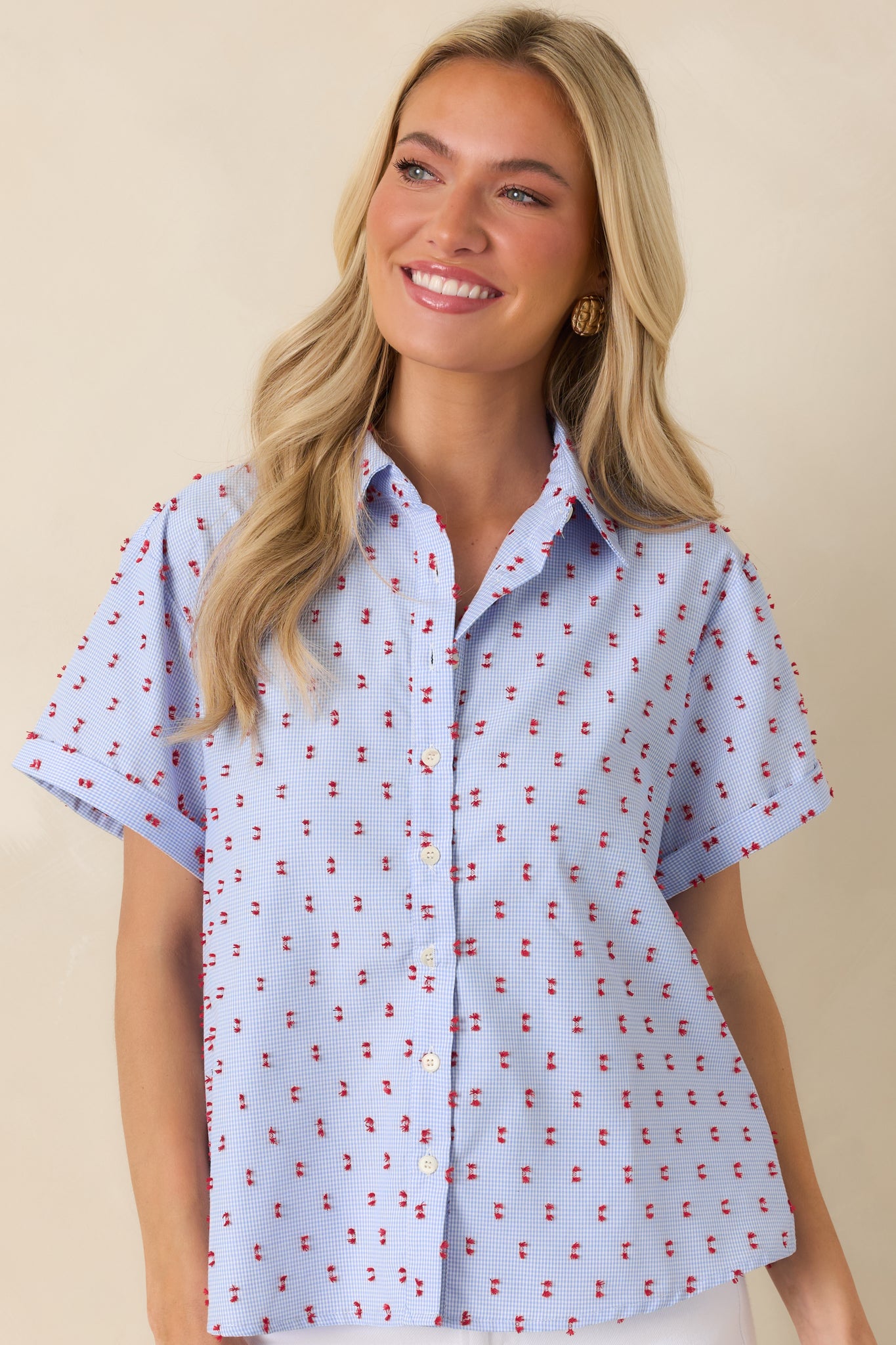 Detailed look at the red tufted embroidery layered over the lightweight blue gingham fabric.