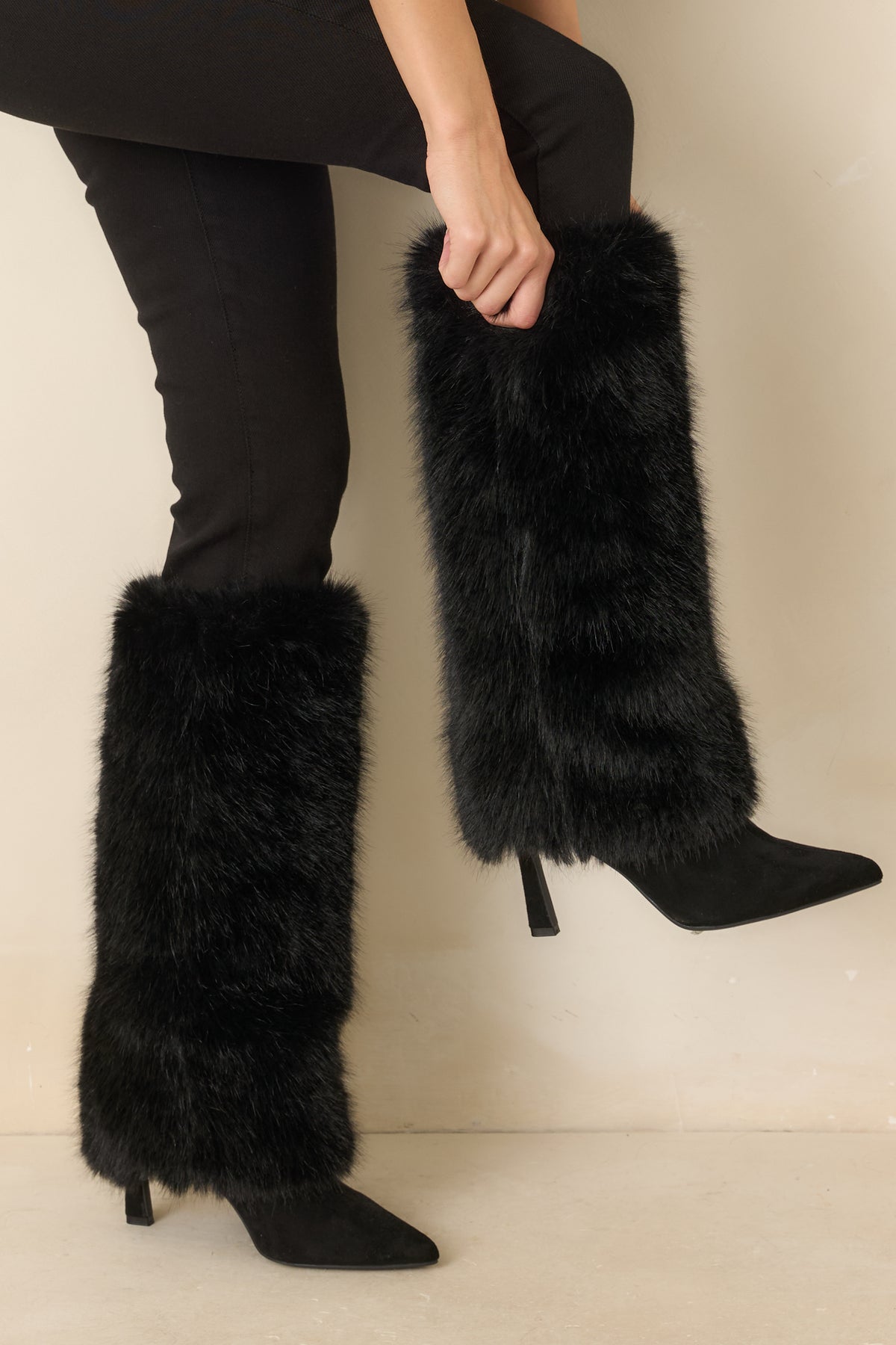 Fine Point Black Faux Fur and Suede Pointed Toe Stiletto Boots