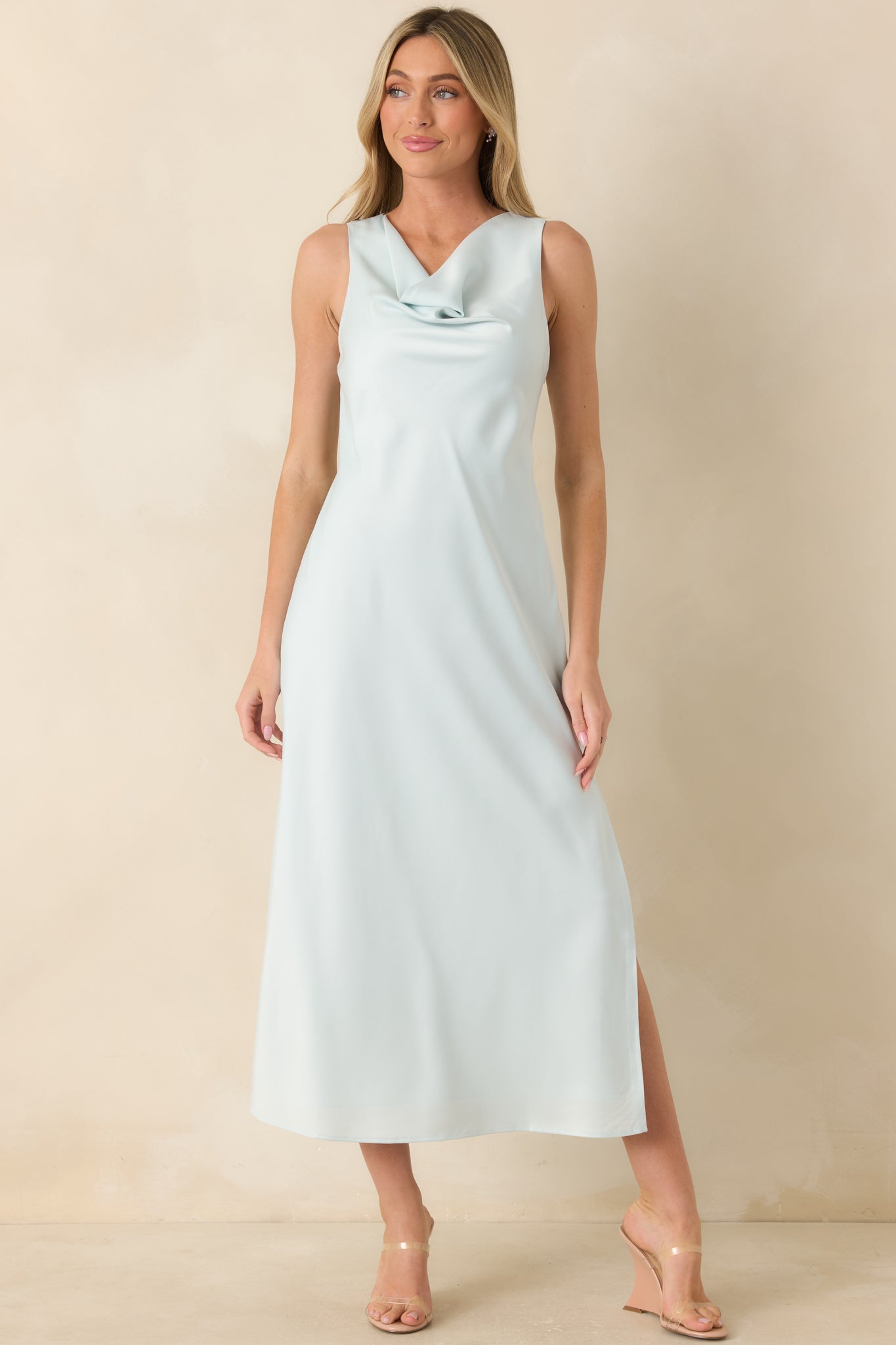 Red Dress | Sky Blue Satin Finish Midi Dress