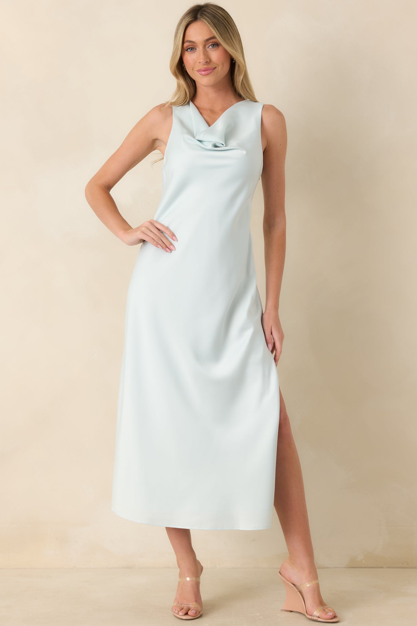 Red Dress | Sky Blue Satin Finish Midi Dress - All Dresses Red Dress | Sky Blue Satin Finish Midi Dress - All Dresses