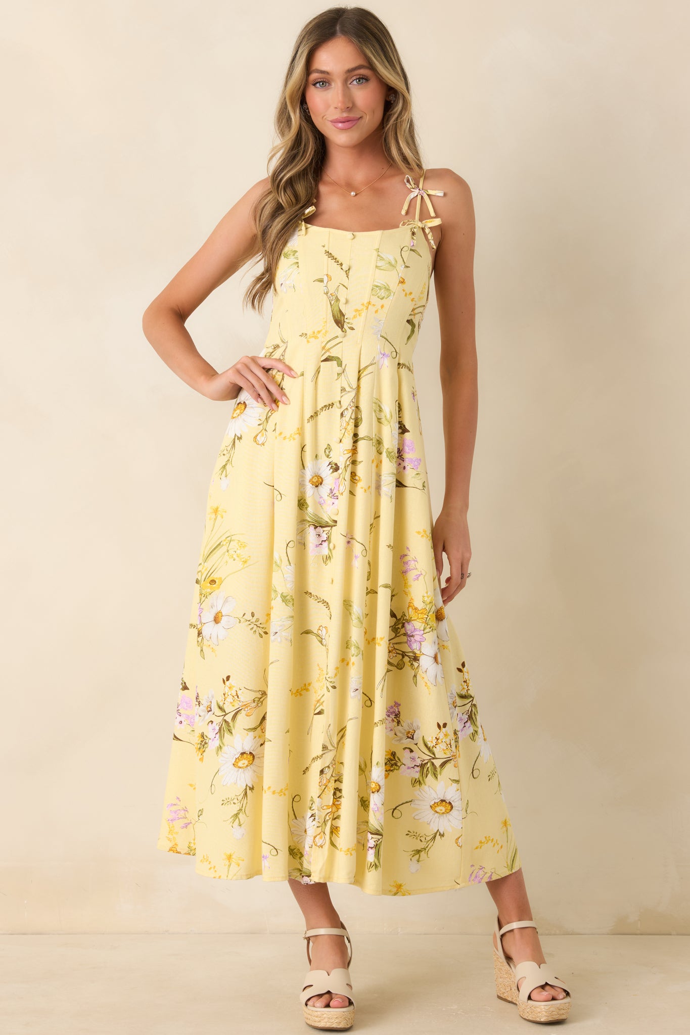 knee length dresses for ladies A Dash of Sunshine Yellow Multi Floral Print Bow Accent Strap Midi Dress