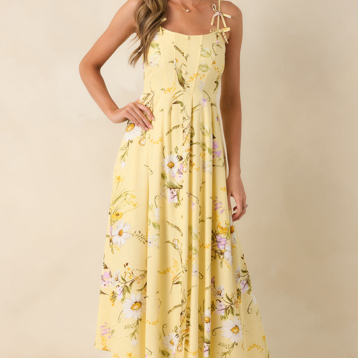 Women's A Dash of Sunshine Yellow Multi Floral Print Bow Accent Strap Midi Dress | Size: L | Red Dress