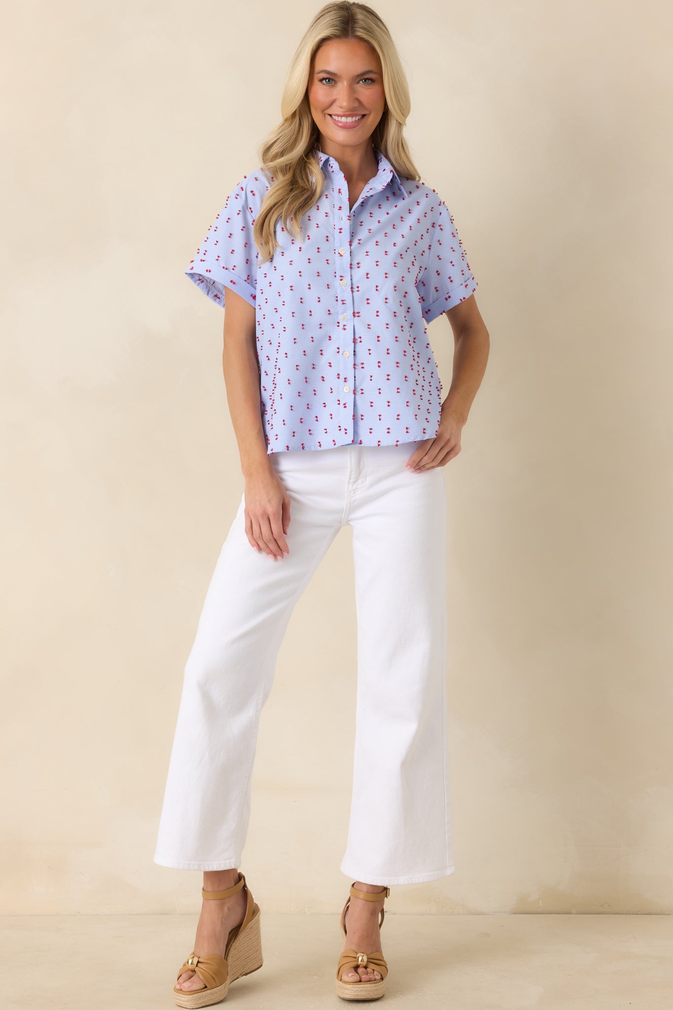 Blue checkered top showcasing a classic collar, short sleeves, and textured tufted embroidery throughout.