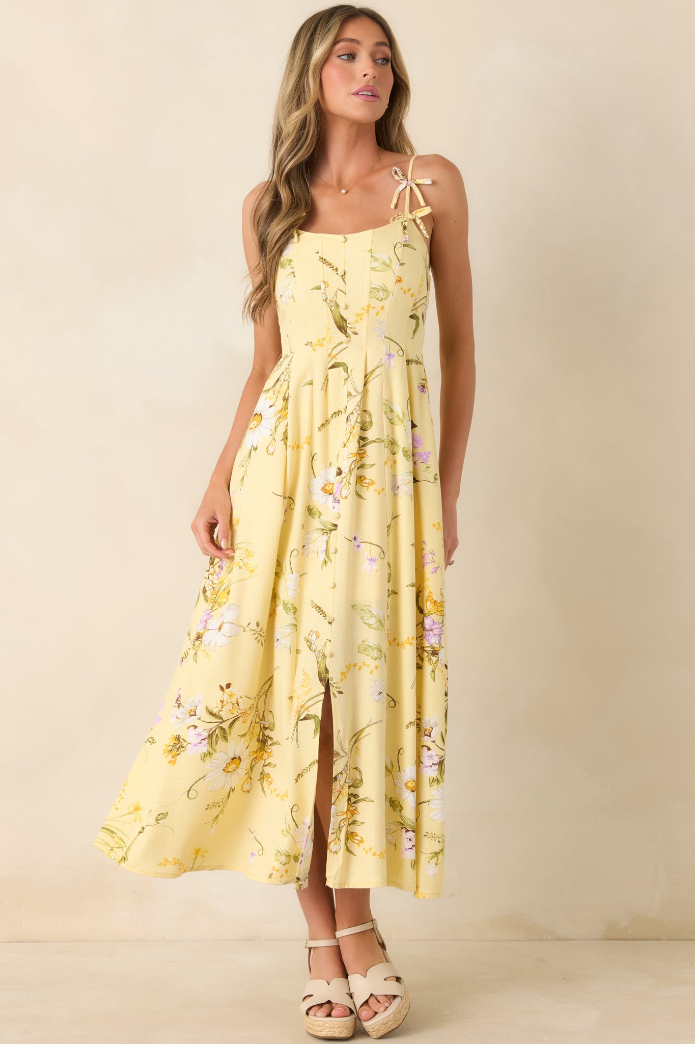 A Dash of Sunshine Yellow Multi Floral Print Bow Accent Strap Midi Dress A Dash of Sunshine Yellow Multi Floral Print Bow Accent Strap Midi Dress