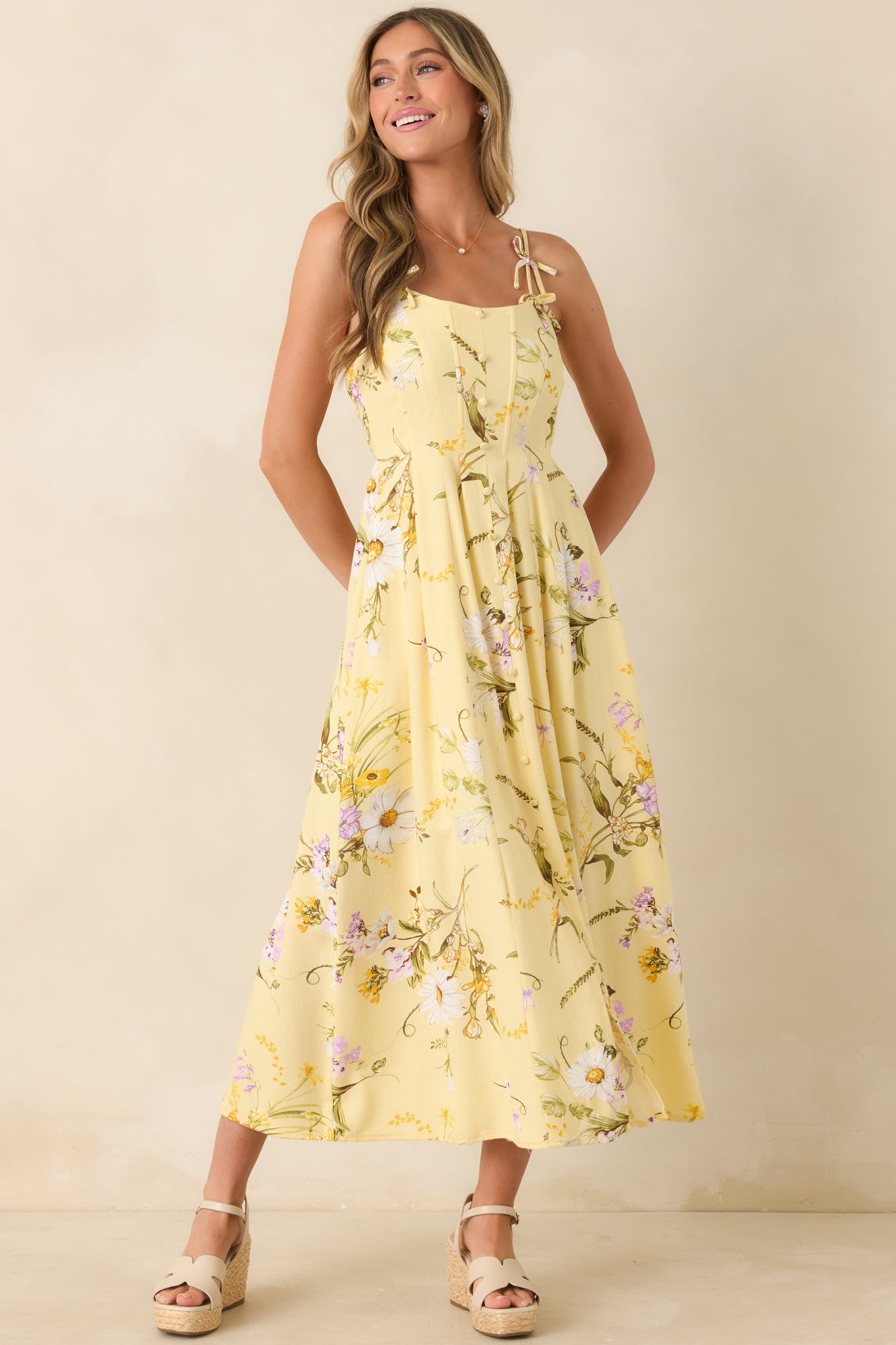 knee length dresses for ladies A Dash of Sunshine Yellow Multi Floral Print Bow Accent Strap Midi Dress
