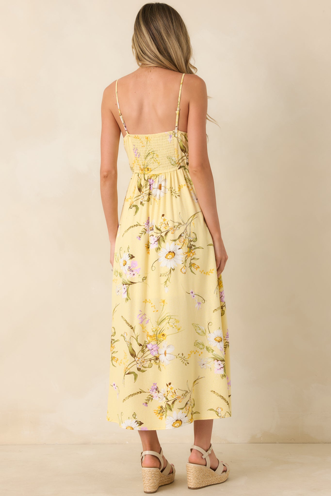 yellow midi dress for wedding Women's A Dash of Sunshine Yellow Multi Floral Print Bow Accent Strap Midi Dress | Size: L