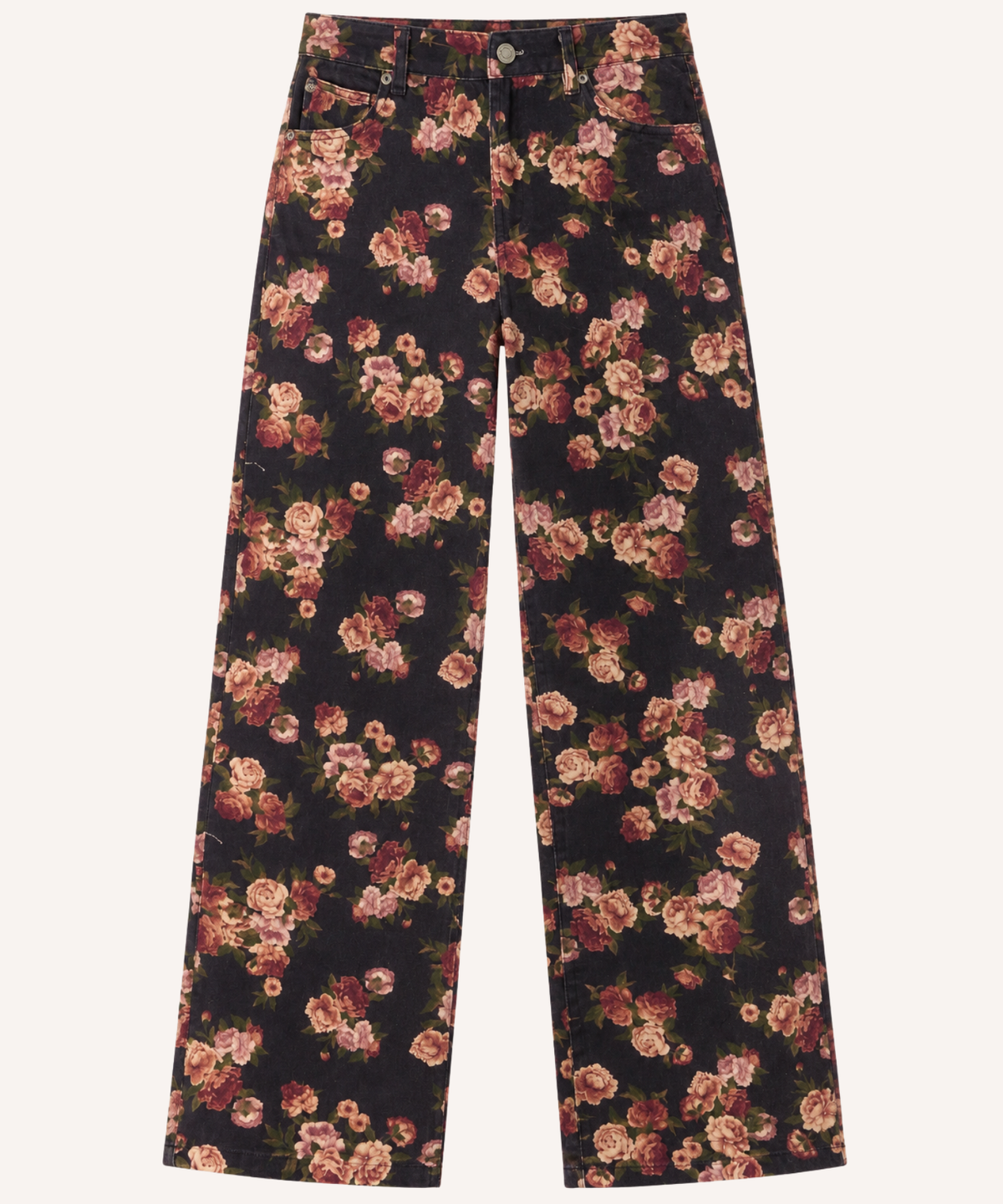 Navy wide-leg jeans with an all-over floral print in pink, red, and beige tones, shown flat against a light off-white background.