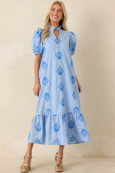 Red Dress | Sky Blue Embroidered Puff Sleeve Midi Dress - All Dresses