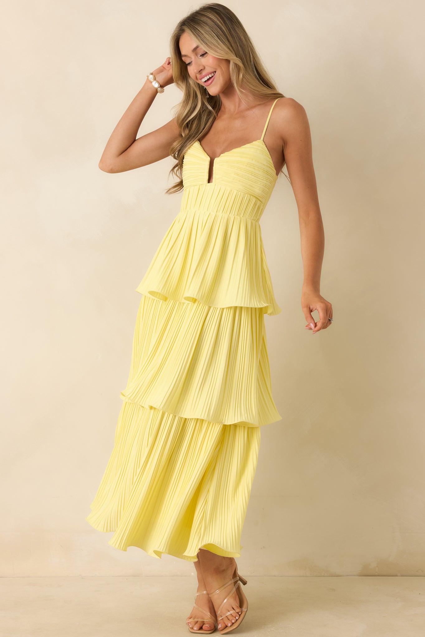 ASTR the Label | Lupin Pleated Tiered Maxi Dress in Light Yellow | Size L