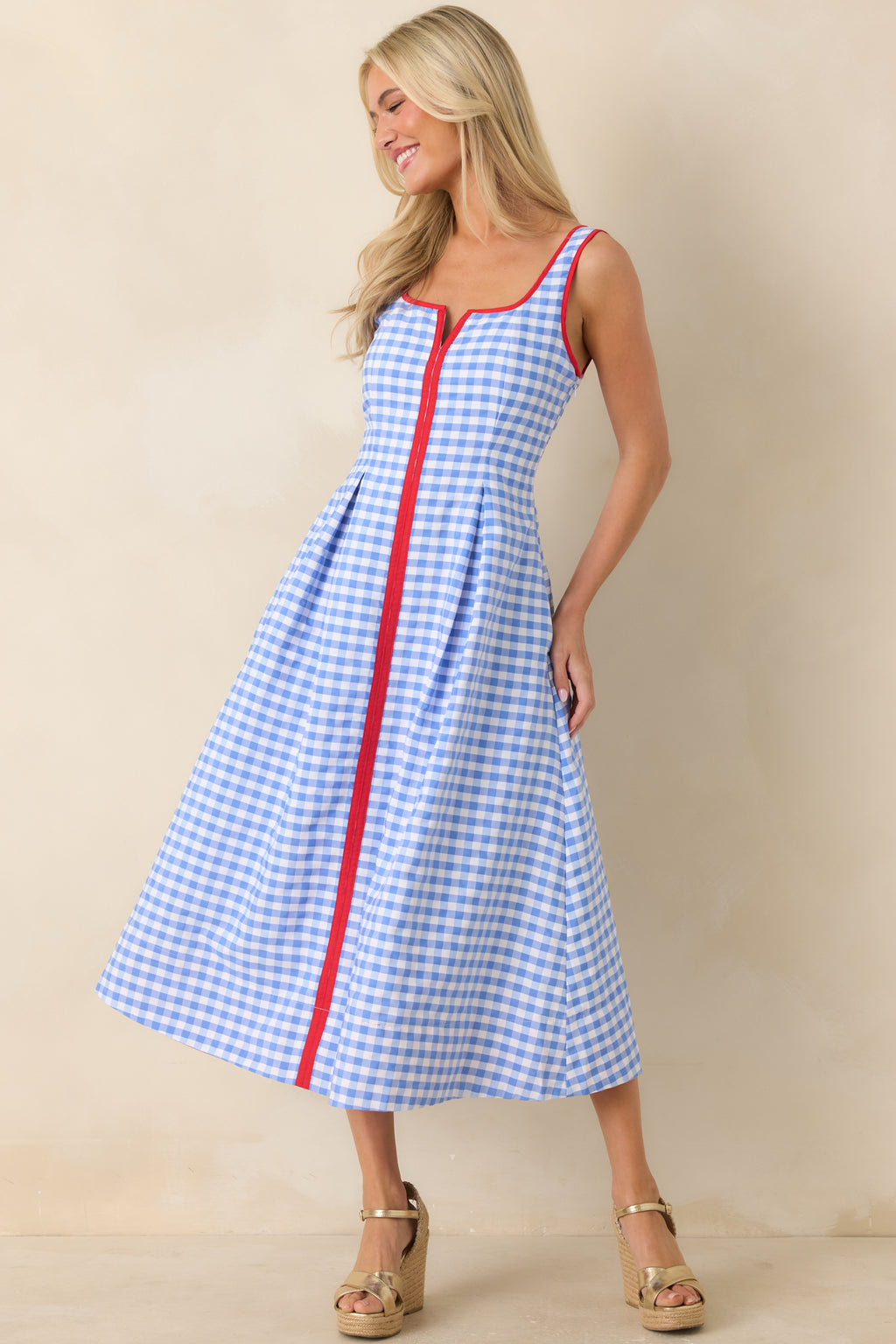 Red Dress | Blue Gingham Contrast Midi Dress