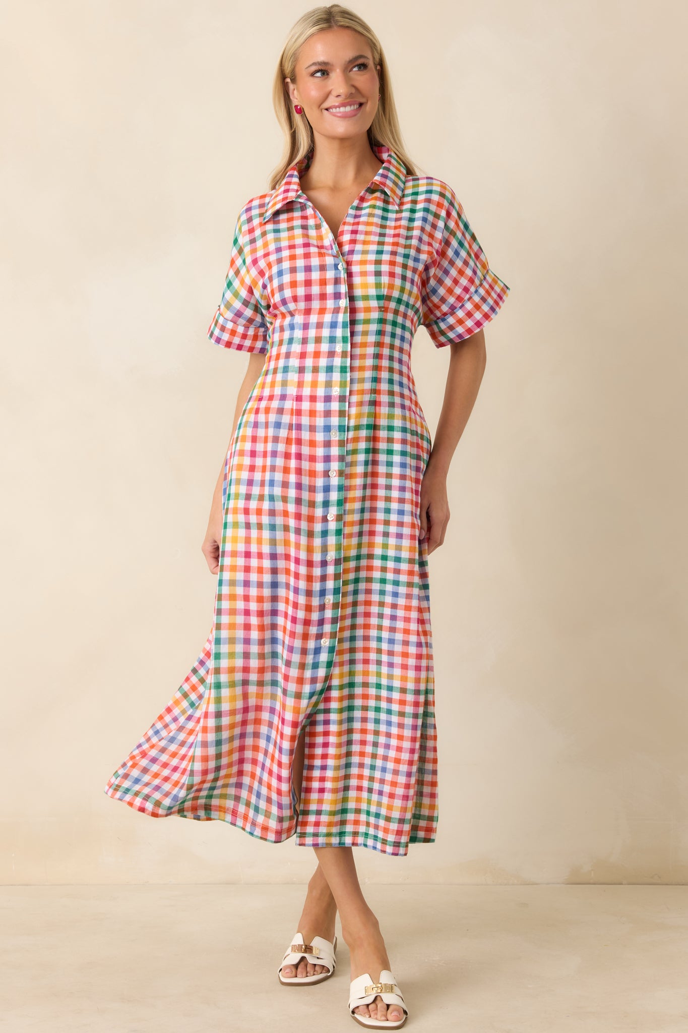 Red Dress | Multi Plaid Cotton Button Front Midi Dress - All Dresses