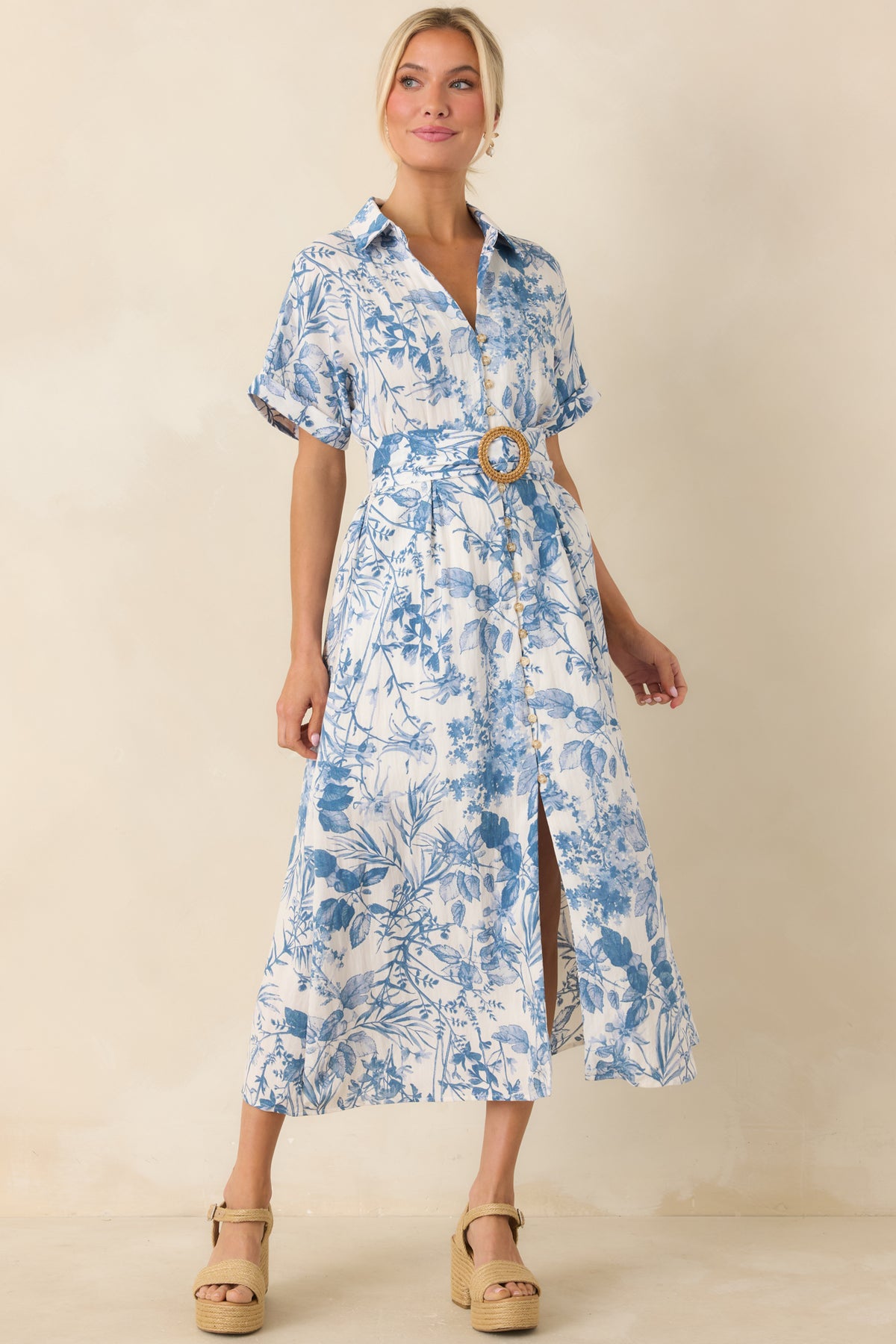 White & Blue Floral Belted Midi Dress